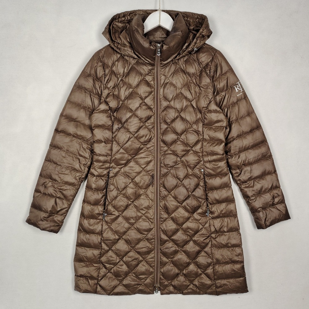 Lauren Ralph Lauren Quilted Puffer Coat Brown Hooded Mid-Length Jacket, Small